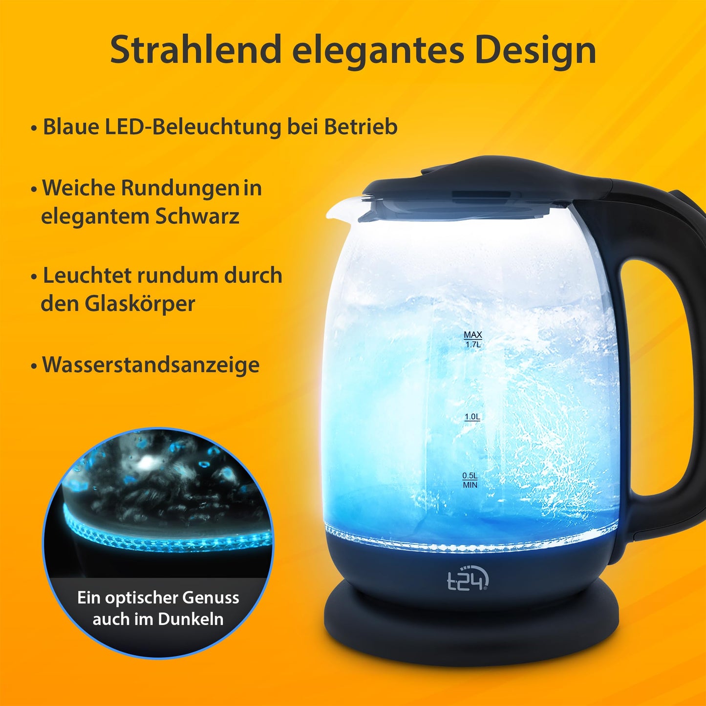 T24 Glazen led-waterkoker, 1,7 liter, met ledverlichting, waterkoker, zwart, ketel, warmwaterdispenser, elektrische ketting 2200 W, TÜV Rheinland GS-gecertificeerd