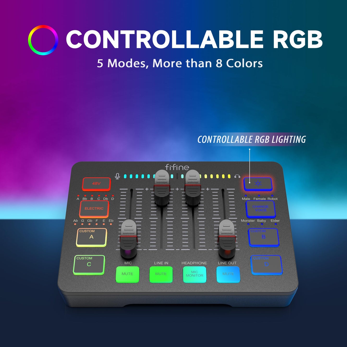 FIFINE Gaming Audio Mixer, Streaming RGB pc-mixer met XLR-microfooninterface, individuele bediening, volumeregeling, mute-knop, 48 V fantoomvoeding, voor podcast, opname, zang