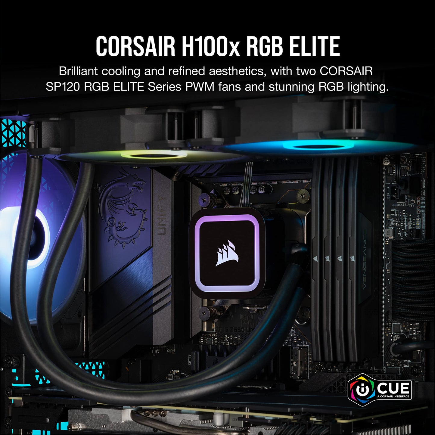 Corsair CW-9060065-WW2 H100x RGB ELITE CPU-Vloeistofkoeler 16 Dynamische RGB LED's SP120 RGB ELITE Series PWM Ventilatoren Intel® LGA 1700 1200 115X 2066 AMD® AM5/AM4 Sockets Zwart 240mm Radiator