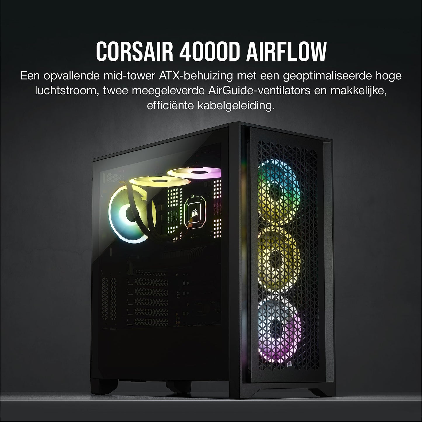 Corsair 4000D Airflow Mid-Tower ATX-Behuizing van Gehard Glas (Voorpaneel met Hoge Luchtstroom, Zijpaneel van Gehard Glas, RapidRoute-kabelbeheersysteem, Inclusief Twee Fans van 120 mm) Zwart