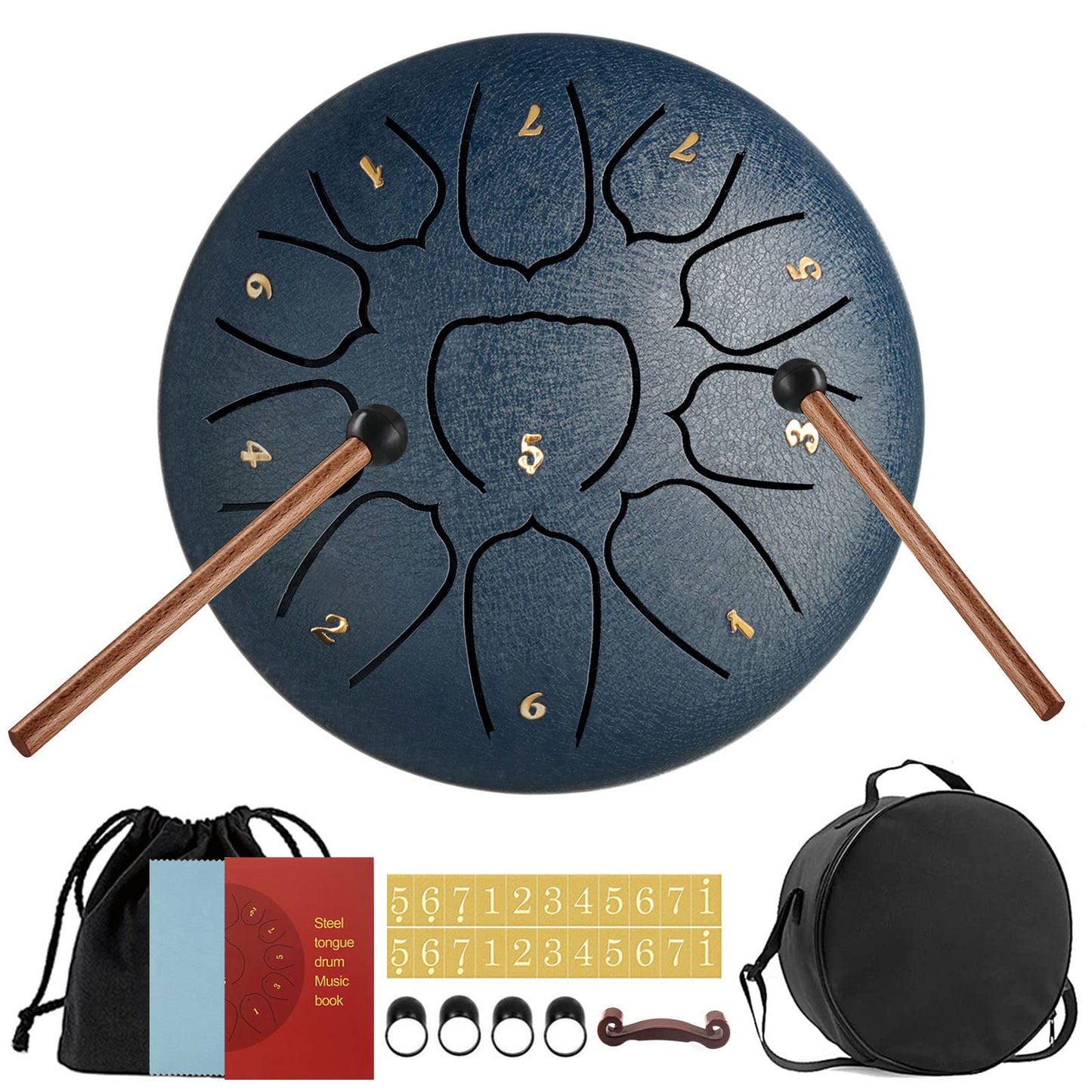 Tongdrum 11 tonen 15,2 cm, tongtrommel, schijftrommel, stalen pan tonen, slaginstrument handpan drum met accessoiredoos, tas, vingerplectrums, muziekboek en sticks voor meditatie, yoga, geluidsgenezing