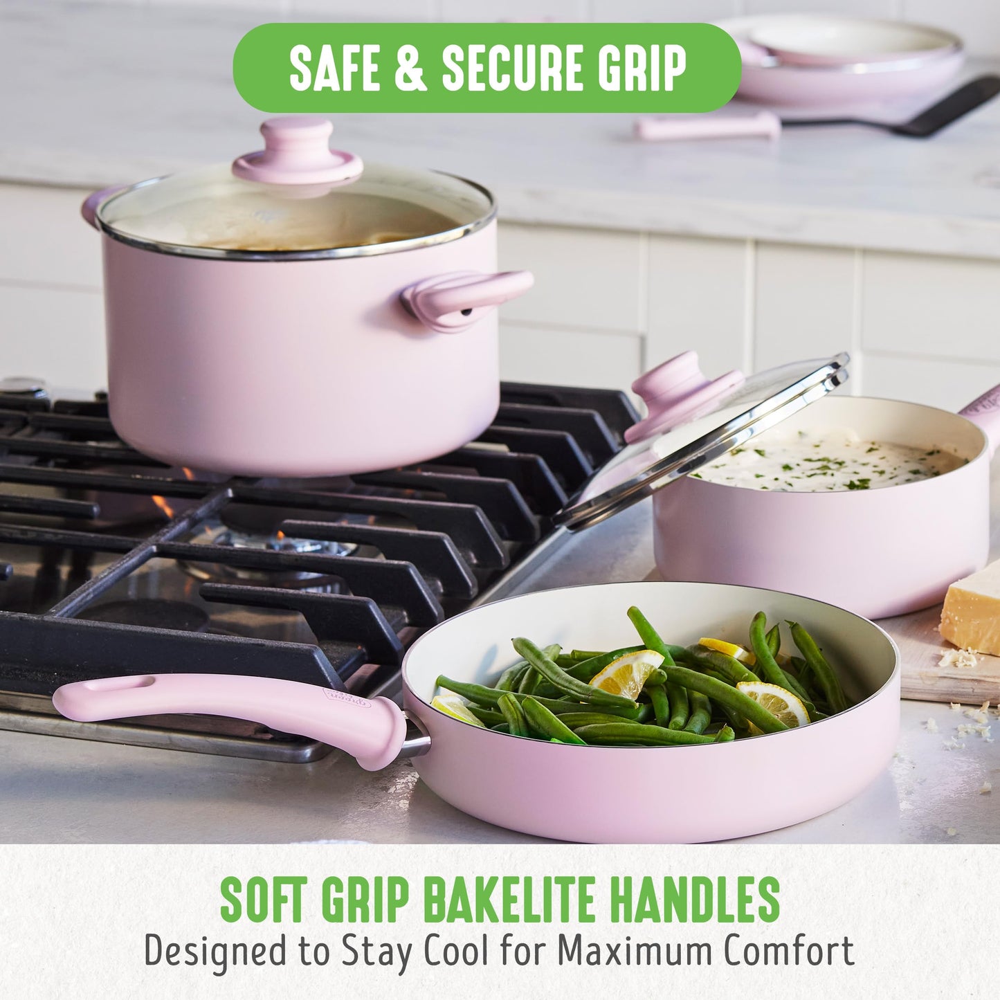 GreenLife Soft Grip Gezonde Keramische Antiaanbaklaag 16-delige Pannenset met Braadpan, Steelpan en Kookpan, PFAS-vrij, Vaatwasmachinebestendig, Ovenbestendig, Roze