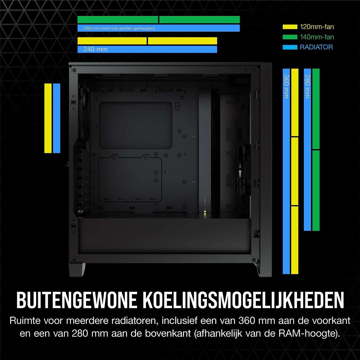 Corsair 4000D Airflow Mid-Tower ATX-Behuizing van Gehard Glas (Voorpaneel met Hoge Luchtstroom, Zijpaneel van Gehard Glas, RapidRoute-kabelbeheersysteem, Inclusief Twee Fans van 120 mm) Zwart