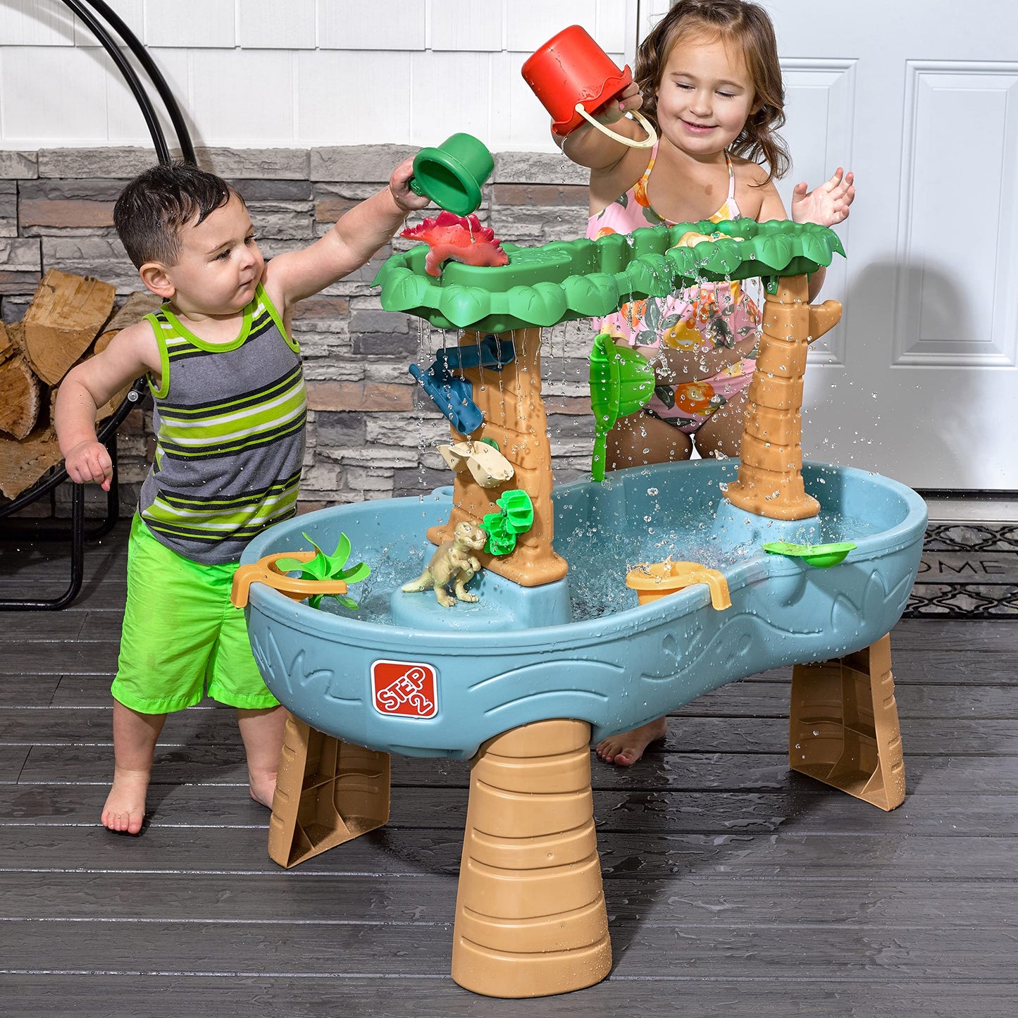 Step2 Dino Showers watertafel met 13-delige accessoireset | Waterspeelgoed voor kind | Activiteitentafel met water voor de tuin