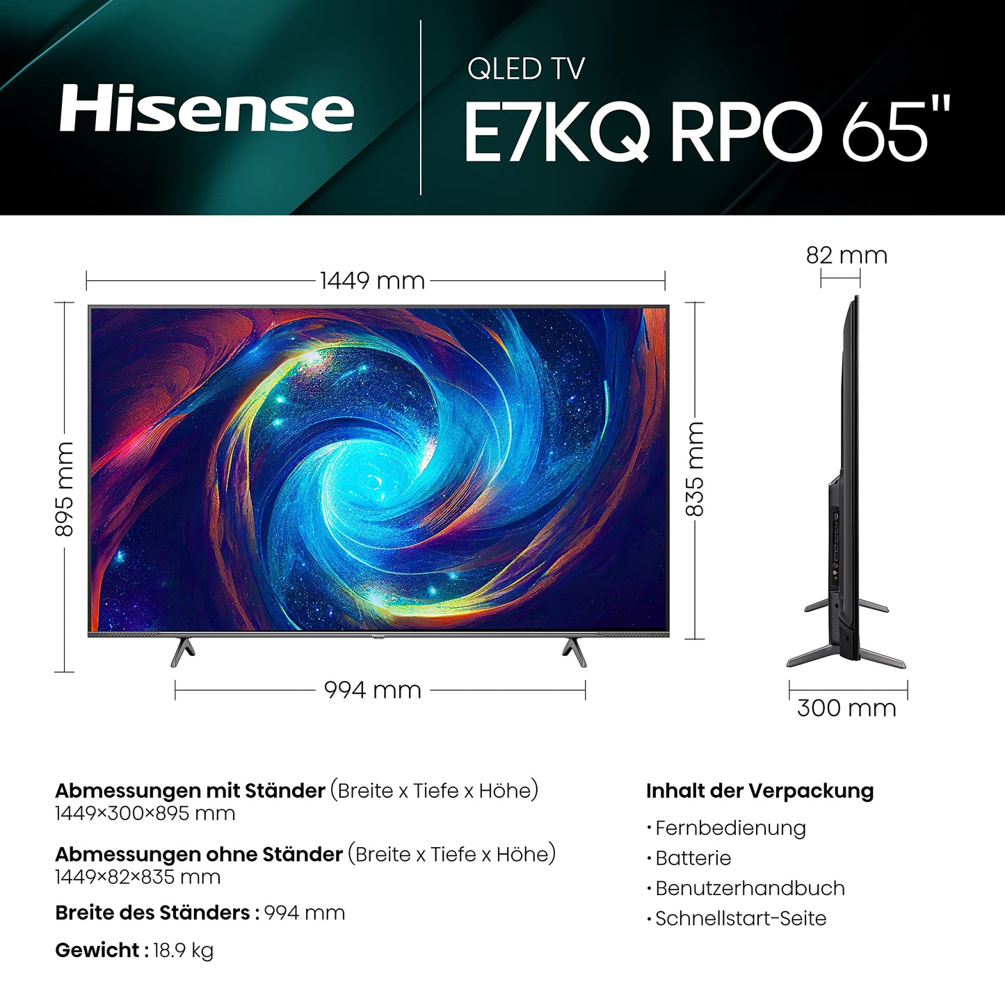 Hisense 65E7K PRO QLED TV 65 inch UHD 4K Smart TV