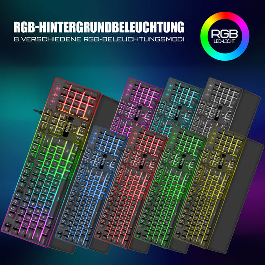 RedThunder K10 Bekabeld Gaming-toetsenbord en Muiscombinatie, Echte Achtergrondverlichting, Zachte Lederen Polssteun, Anti-ghosting Toetsenbord + 7D 3200 dpi-muis voor PC Gamer (Zwart)