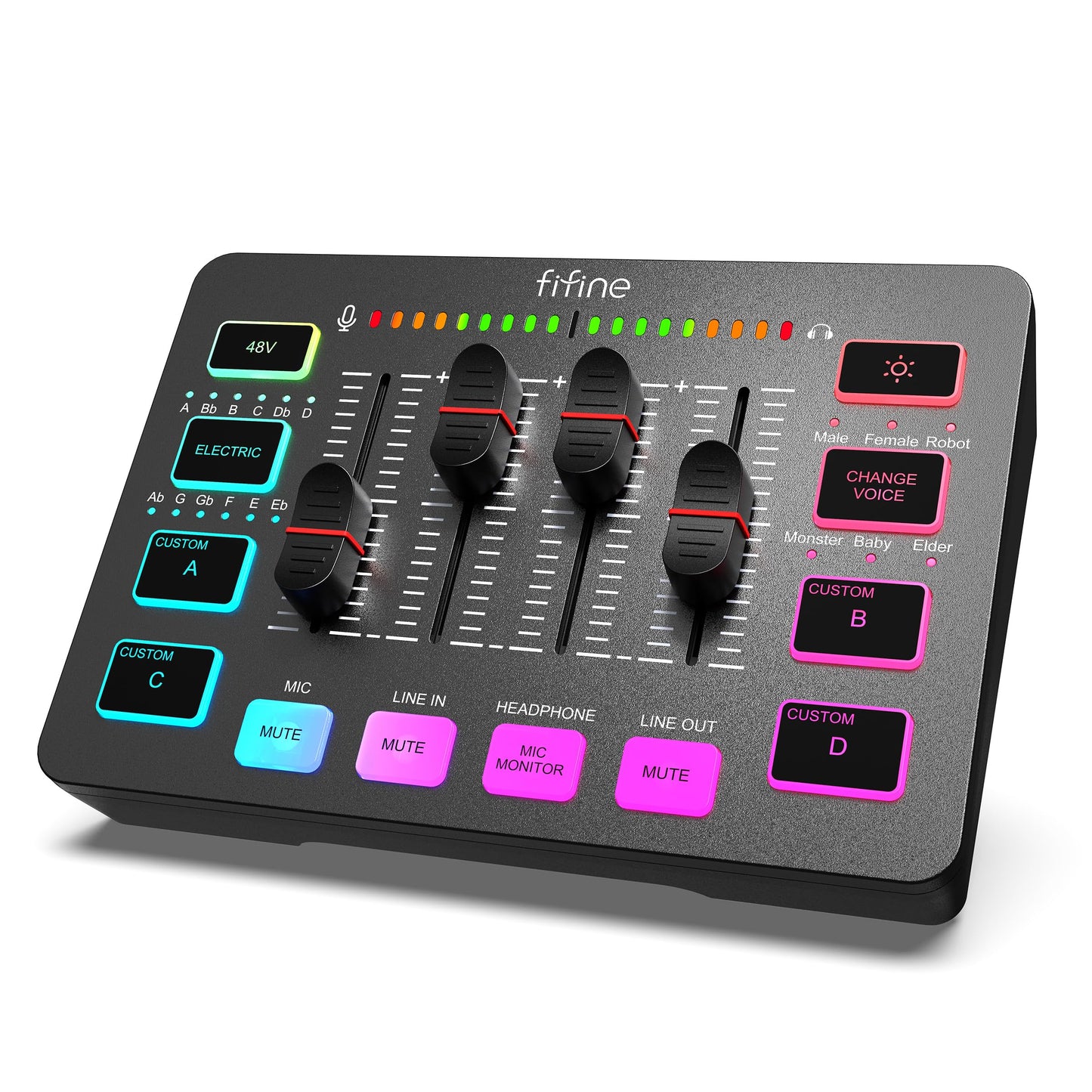 FIFINE Gaming Audio Mixer, Streaming RGB pc-mixer met XLR-microfooninterface, individuele bediening, volumeregeling, mute-knop, 48 V fantoomvoeding, voor podcast, opname, zang